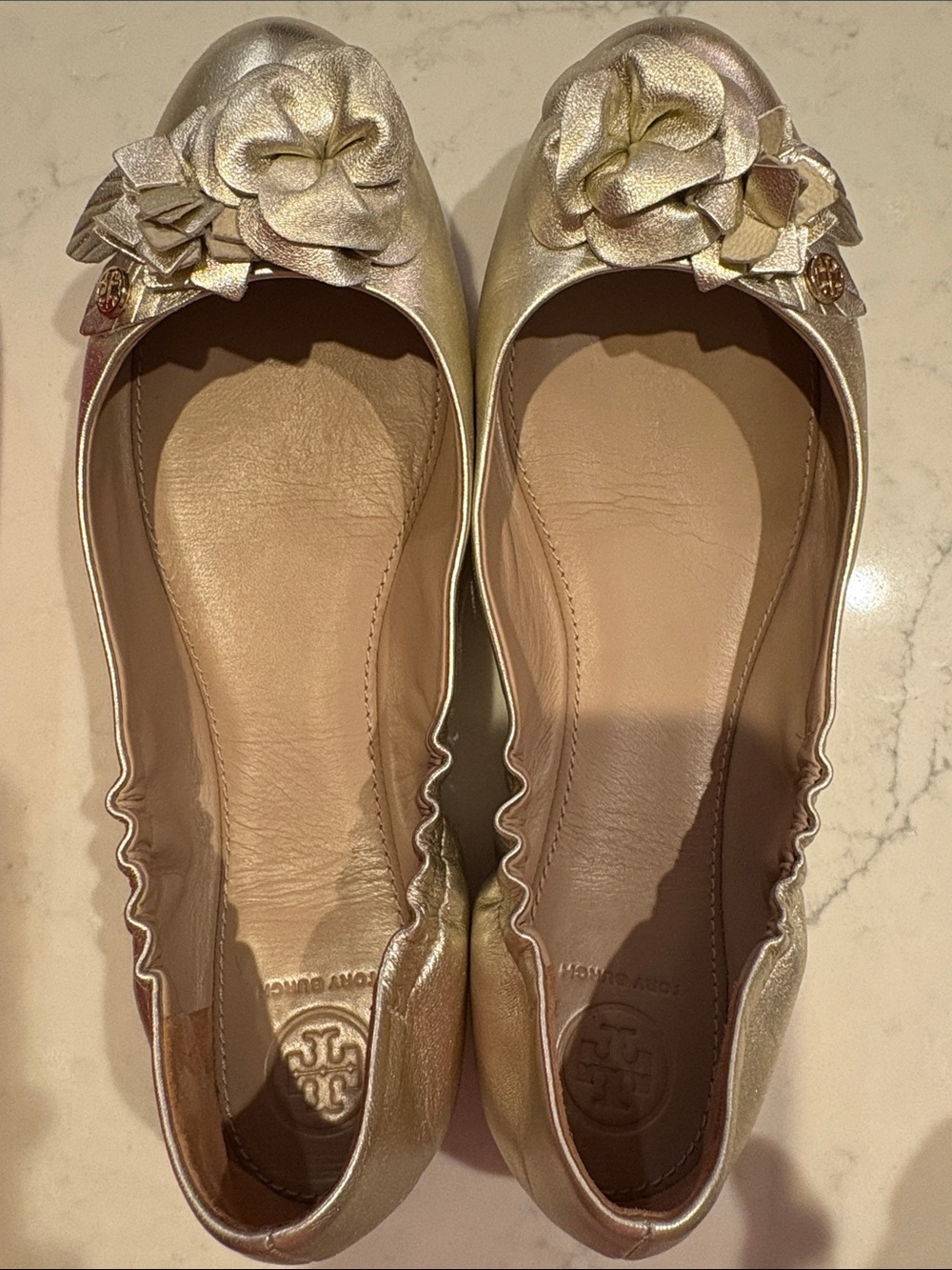 Tory Burch Gold Floral Leather Ballet Flats